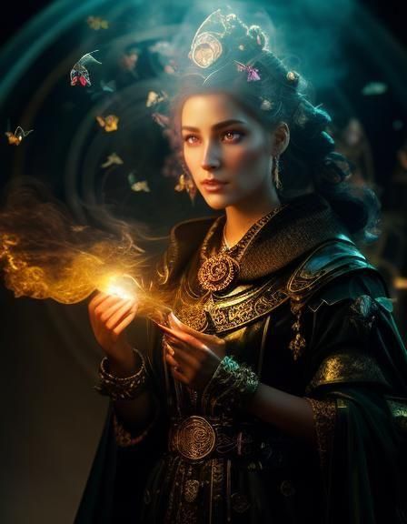 Fantasy Wizard in Stained Glass Chamber