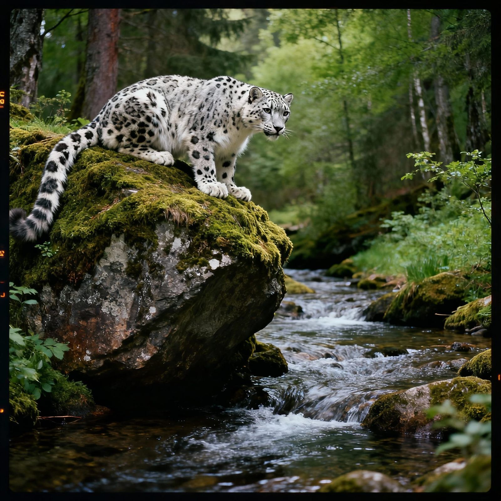 Snow Leopard on Rock Above Stream in Swedish Forest
