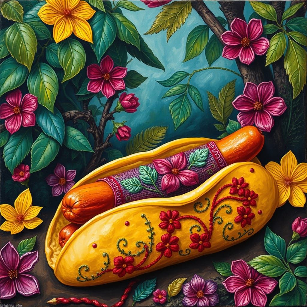 Surreal Hotdog in Frida Kahlo Style