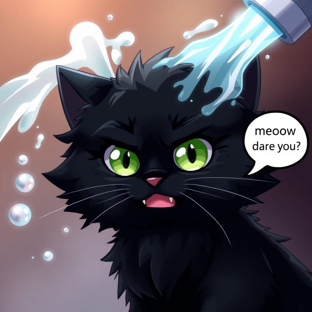 Annoyed Black Cat Sprayed with Water in Anime Style