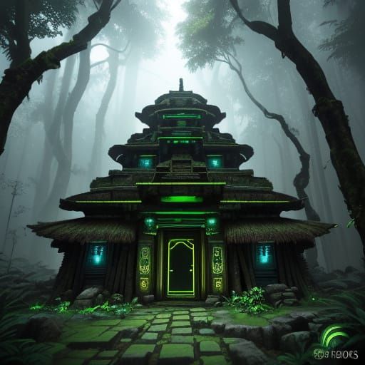 Cyberpunk Rainforest: Ancient Earth Huts with Glowing Circui...