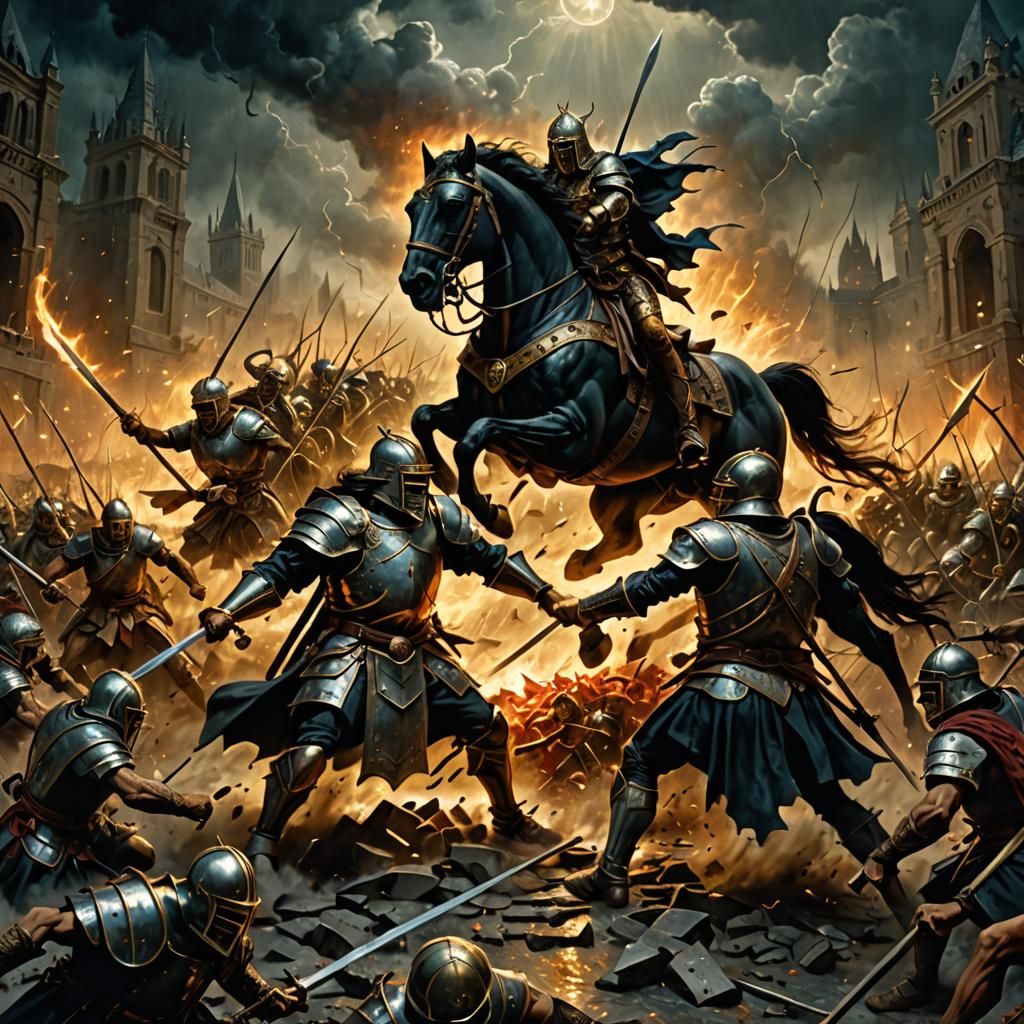 Spear Battle Against Iron Chariots in Dark Fantasy Style