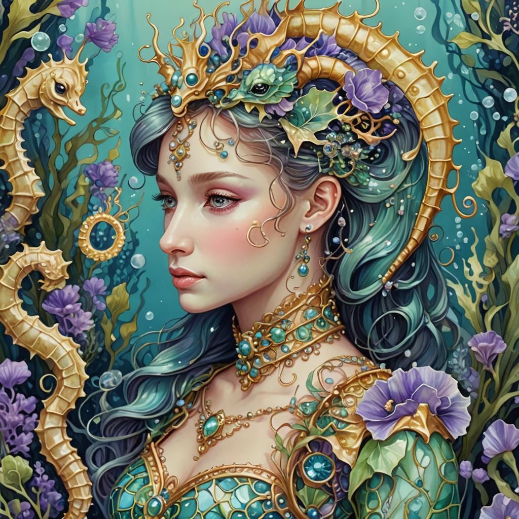 Majestic Seahorse Princess in Art Nouveau Style