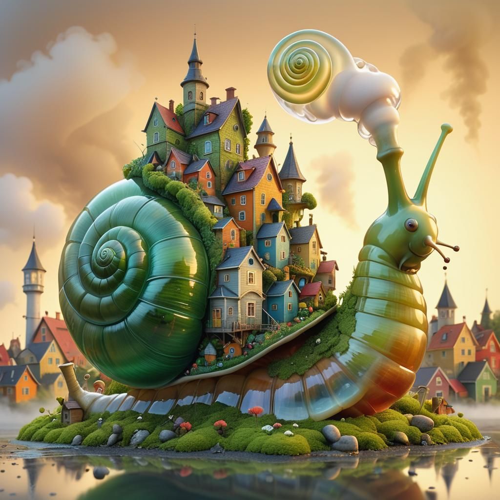 Glass Snail Carries Village, 3D Render