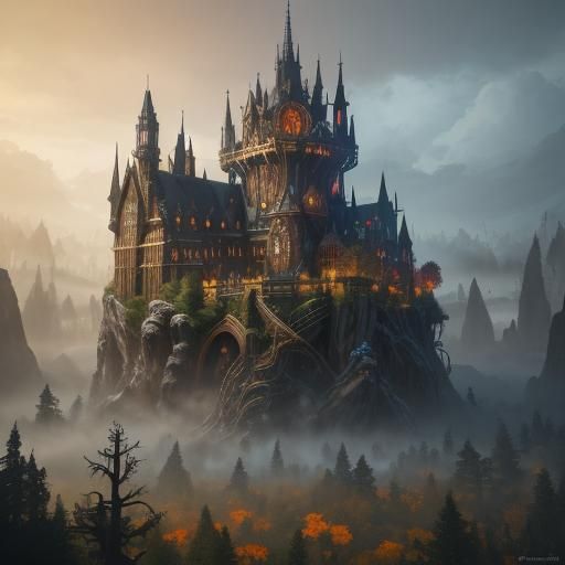 Rainbow Potions on Treetop Shelves: Fantasy Concept Art