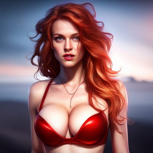 Ginger Girl in Red Bra: Detailed Fantasy Art