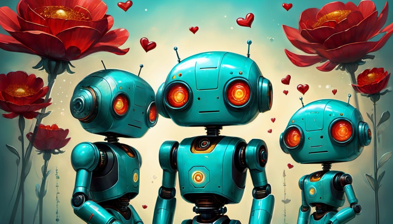 Android Robots Tend Flowers in Impressionist Digital Art