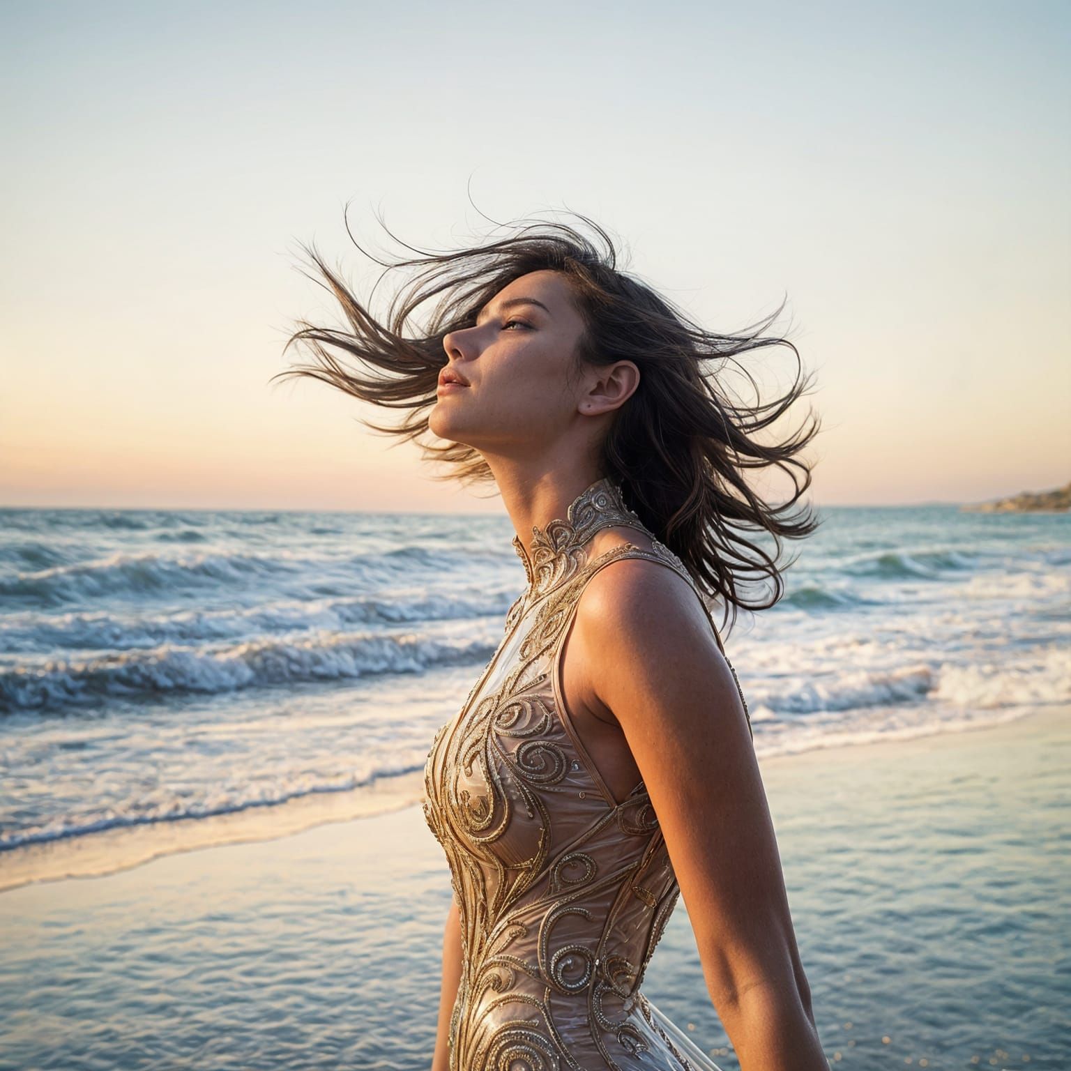 Hyperrealistic Woman in PVC Dress on Windy Beach