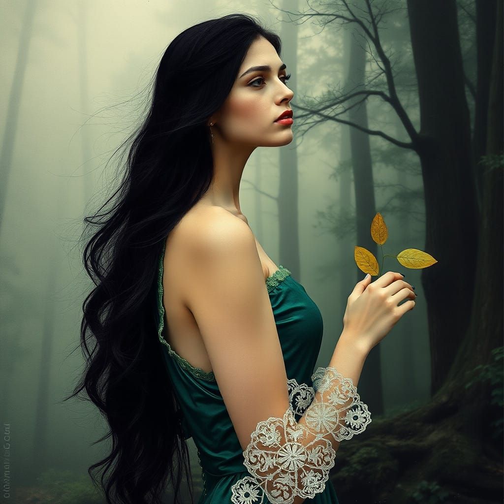 Ethereal Woman Emerges from Whispers of a Foggy Forest