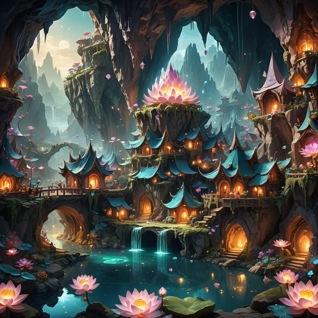 Fantasy Village in Mystical Cavern with Fairies