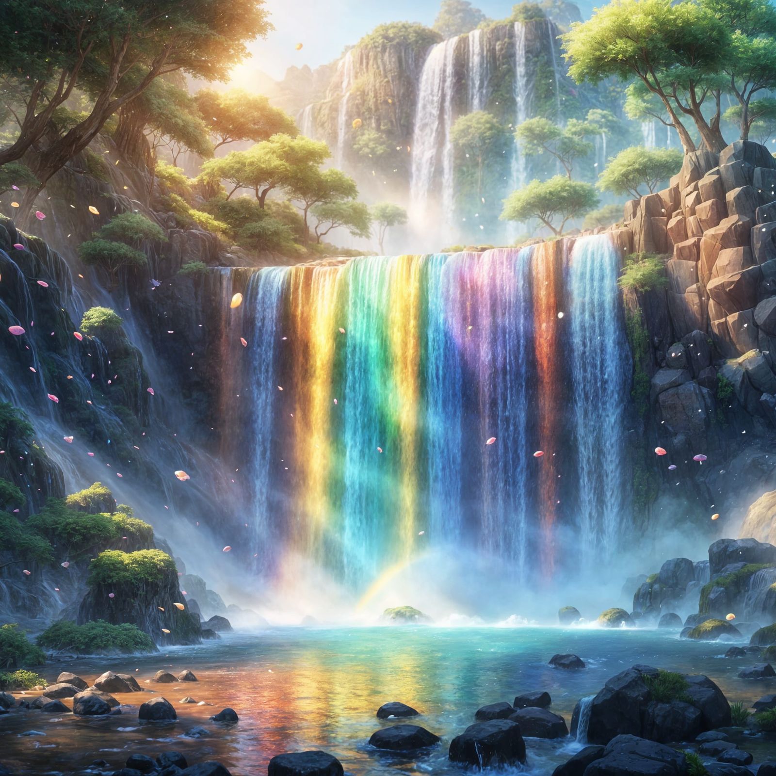 Rainbow Waterfall in Detailed 3D Anime Art