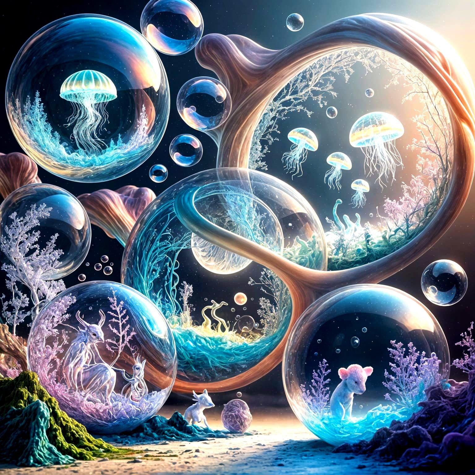 Surreal Dreamscape: Iridescent Bubbles of Miniature Worlds