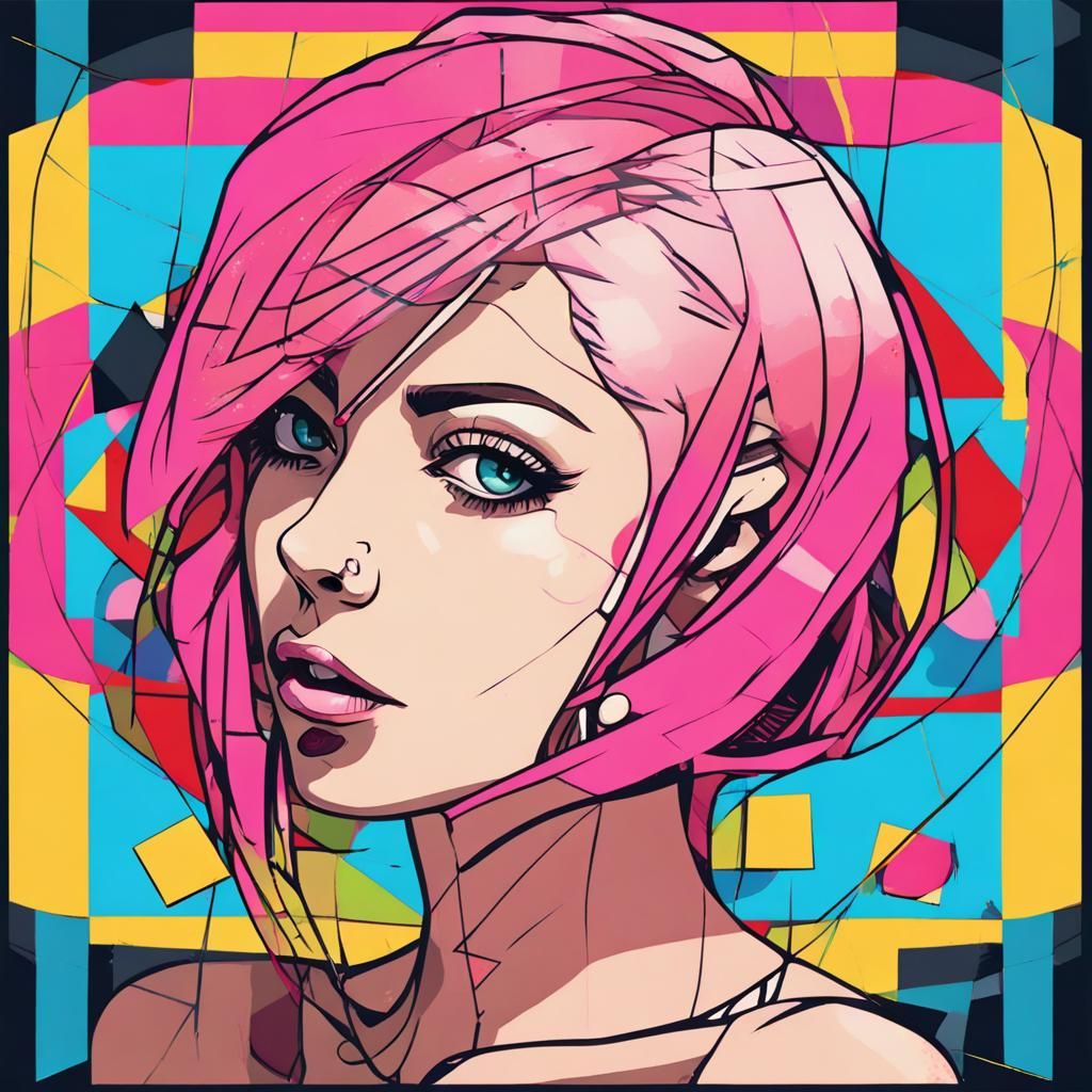 Anime piercing tattoed girl head turned three-quarters with blue eyes