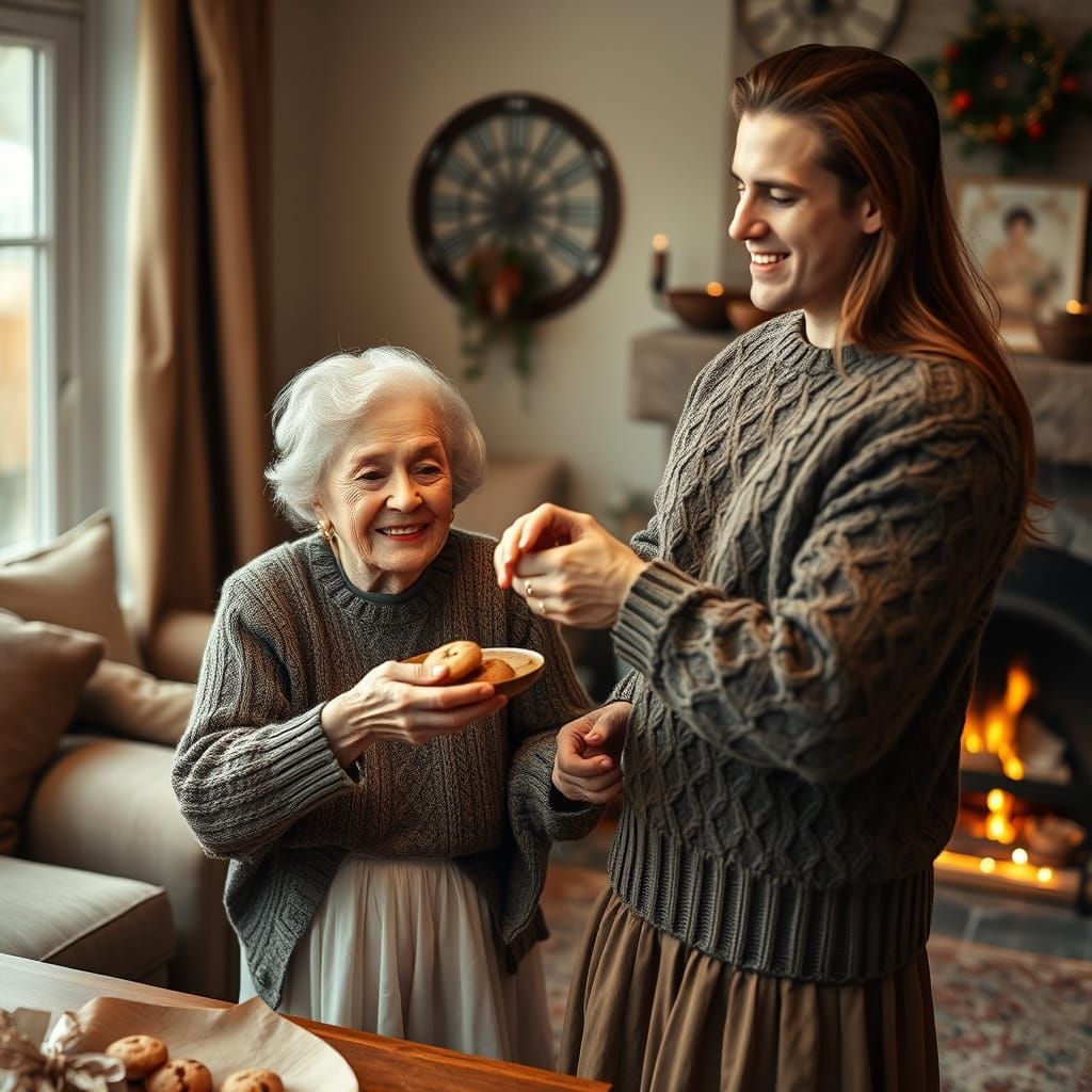 Grandmother Serving Cookies in Cozy Living Room