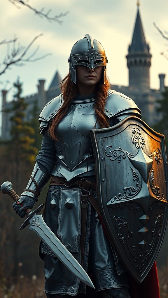 Heroic Female Warrior in Silver Armor in Forest