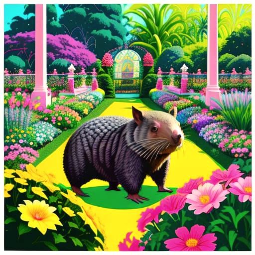 Wombat Gardener in Hyperrealist Fantasy Garden