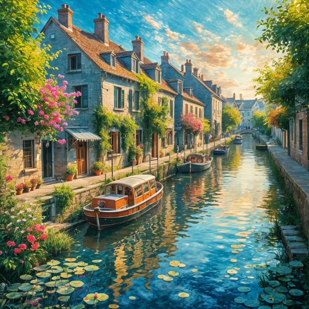 Night Canal Scene in Impressionistic Style