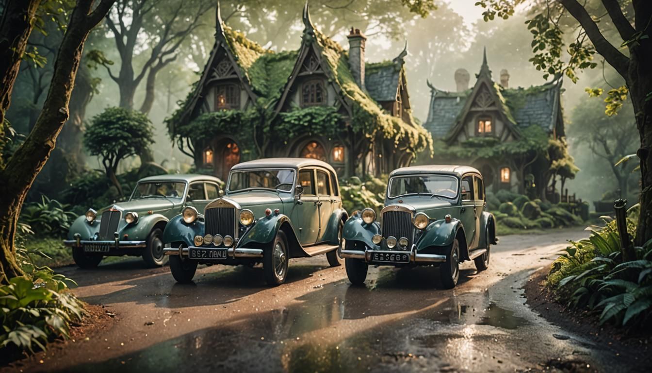 Vintage Cars in Misty Forest, Studio CGI