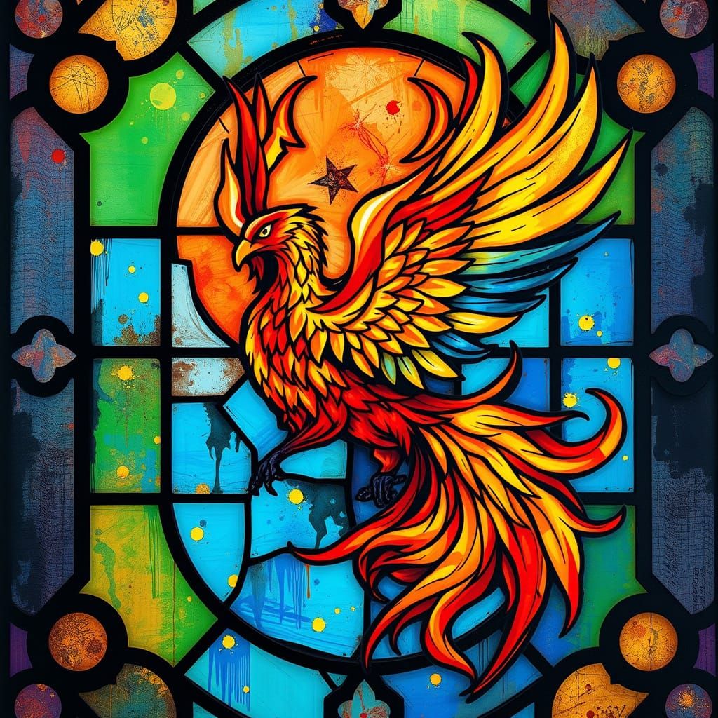 Phoenix in Vibrant Stained Glass Window of Blazing Inferno