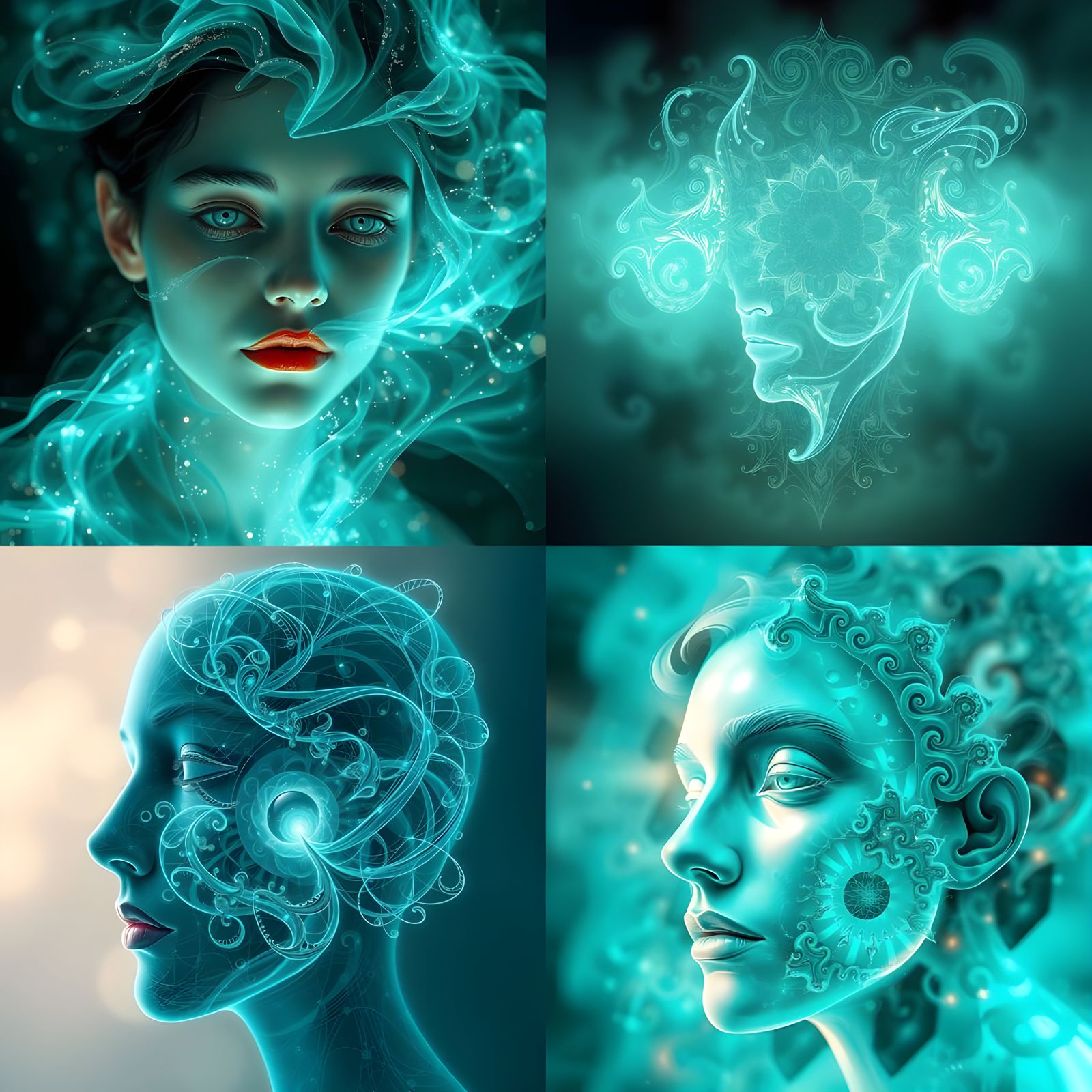 Ethereal Fractal Hologram in Teal and White