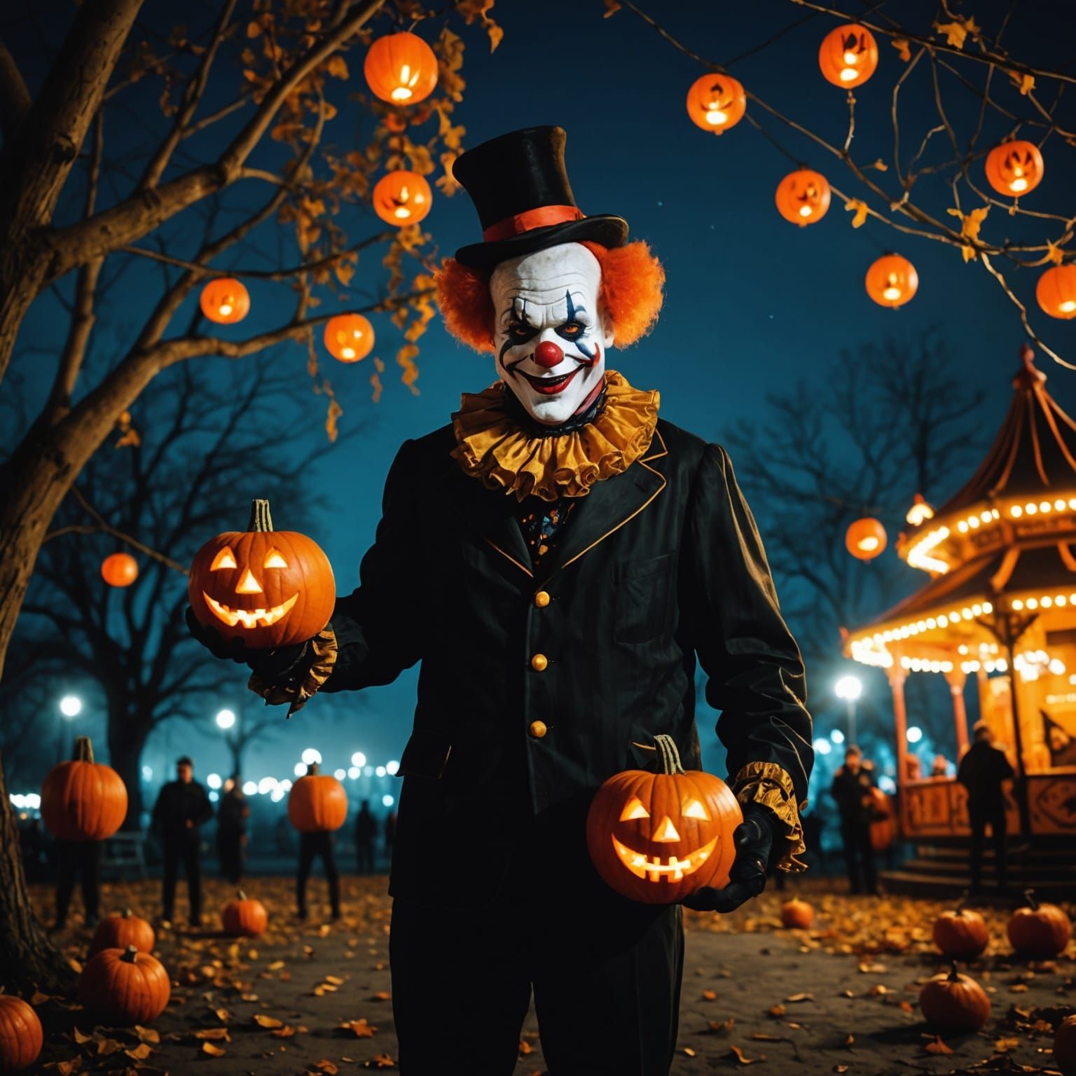 Frightening Clown Juggling Pumpkins in Amusement Park