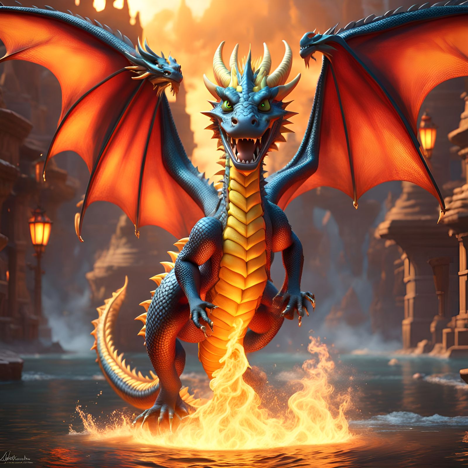 Fire-Breathing Dragon: 3D Cartoon Art