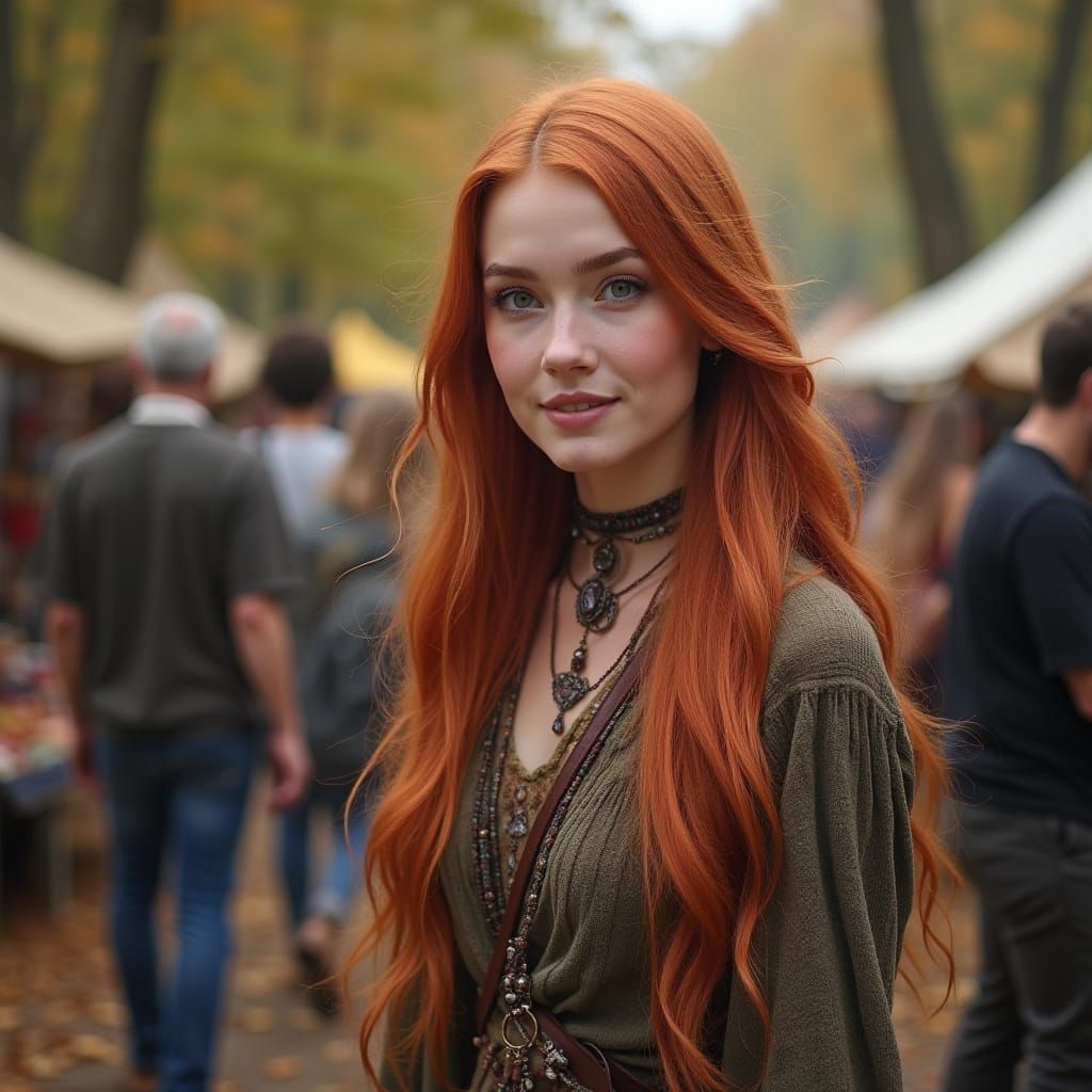 Red Haired Woman in Pagan Attire at Autumn Festival