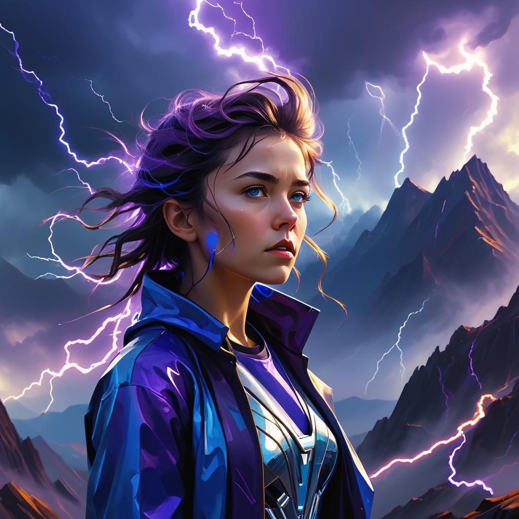 Electric Woman on Stormy Peak: Futuristic Digital Art