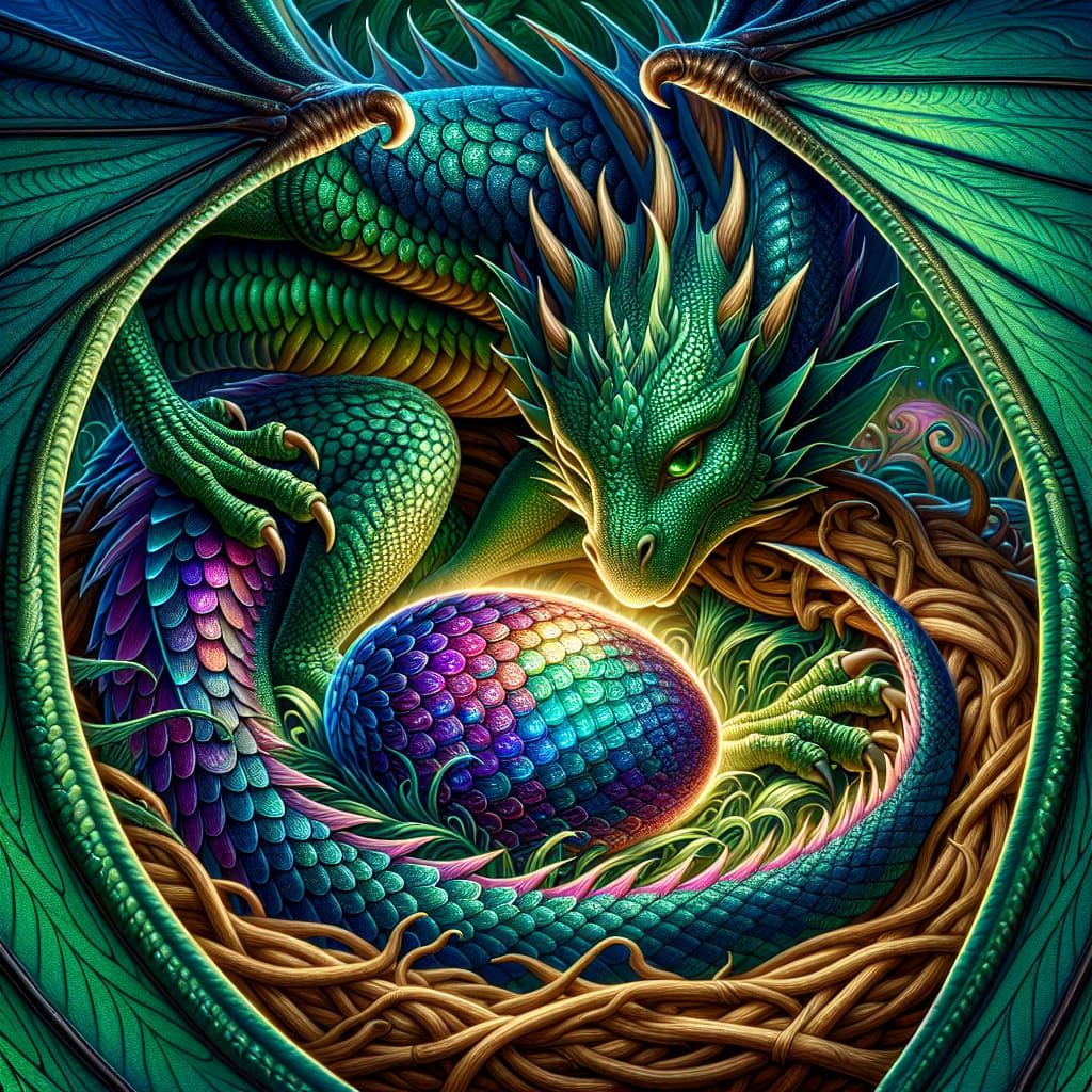 Emerald Dragon Protecting Iridescent Egg: 8k Resolution