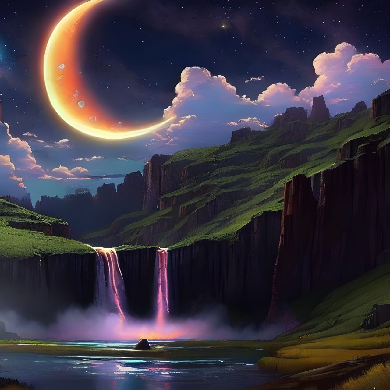 Waterfall and Moon Under Starry Galaxy Sky