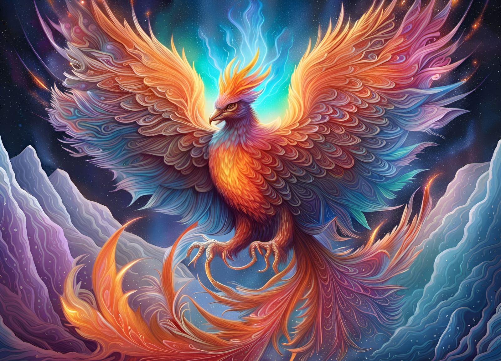 Holographic Phoenix in Winter Landscape