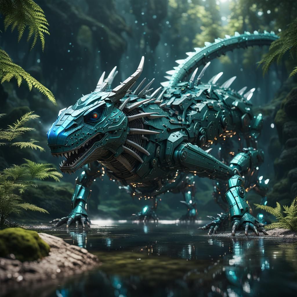 Water Dragon in Forest with Intricate Mech Details