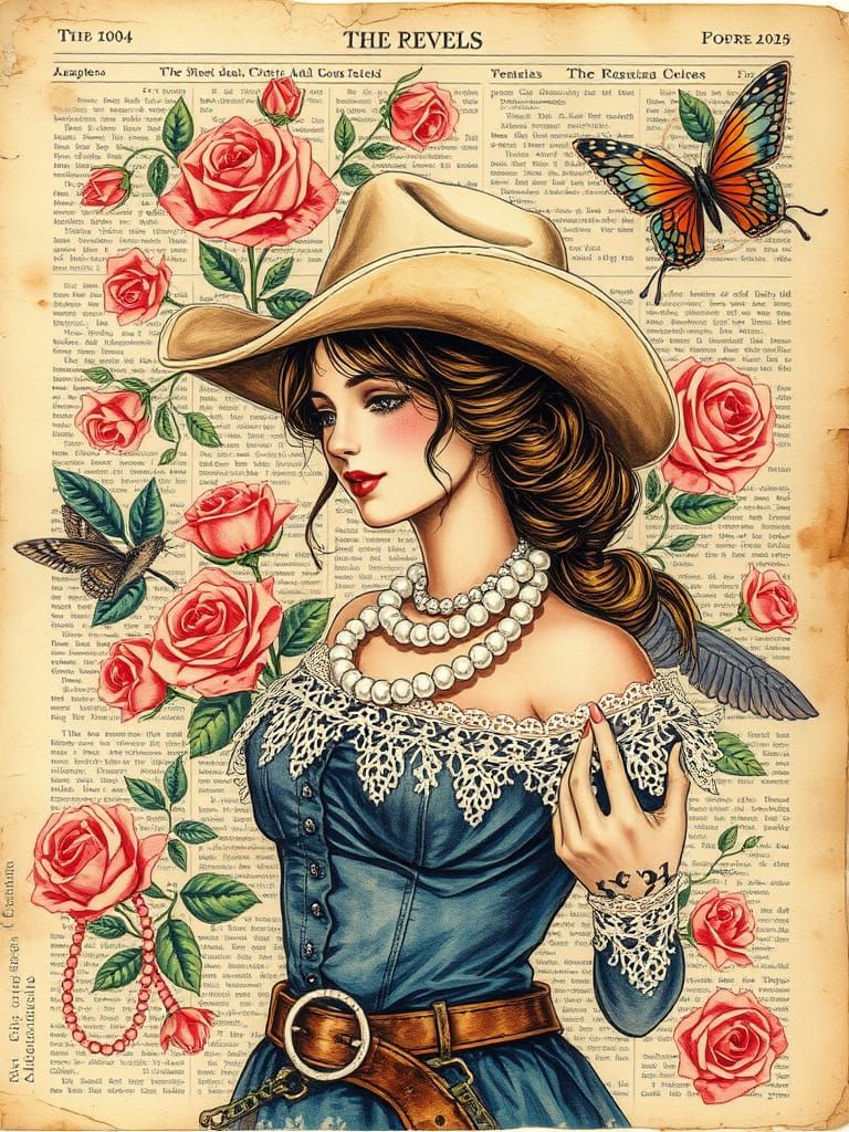 Antique Western Cowgirl Collage with Roses and Lace