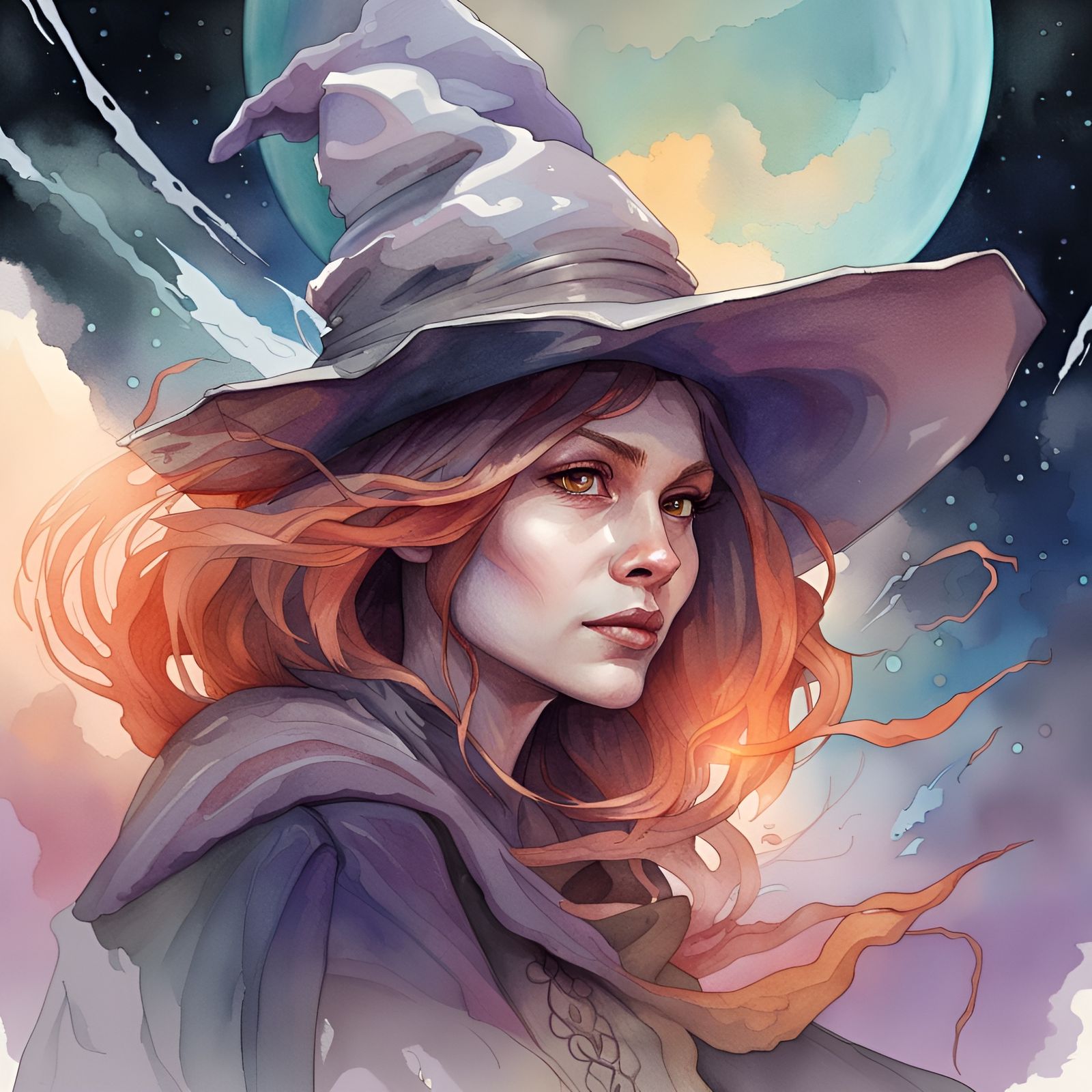 Witch on Broom in Alien Landscape, Watercolor Art