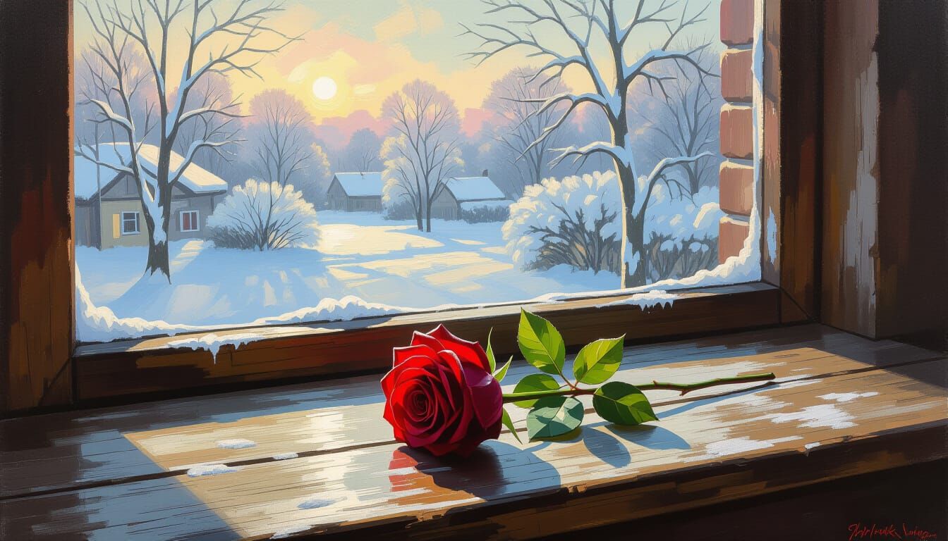 Red Rose with Frost on Wooden Table, Winter Wonderland