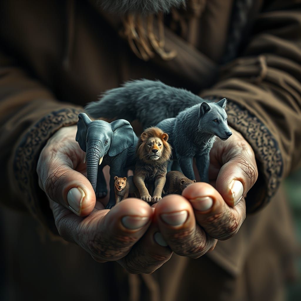 Fantastical Creatures Gather in the Hands of a Mysterious Ma...