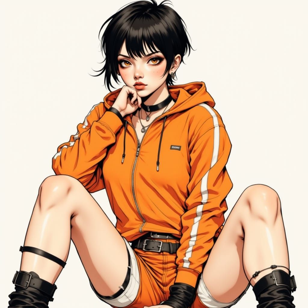 Anime Woman in Orange Hoodie, Clean Lines Style
