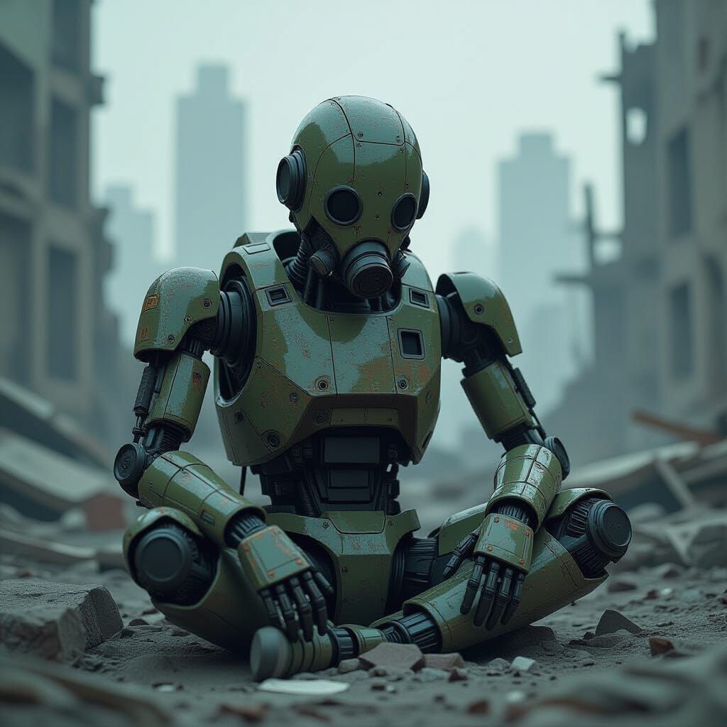 Melancholy Robot in Dystopian Ruins