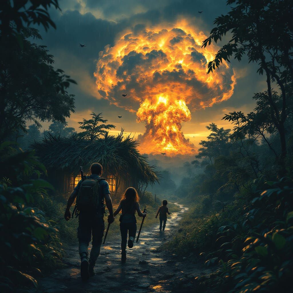 Family flees atomic blast through post-apocalyptic jungle