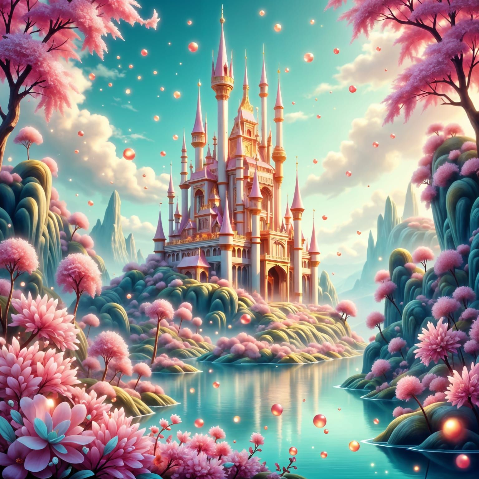Magical Fairytale Castle with Floating Bubbles and Sparks