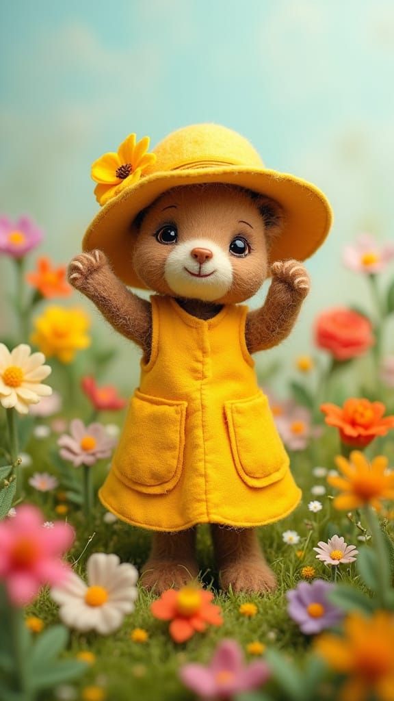 Happy Felt Bear in Flower Field, Children's Illustration