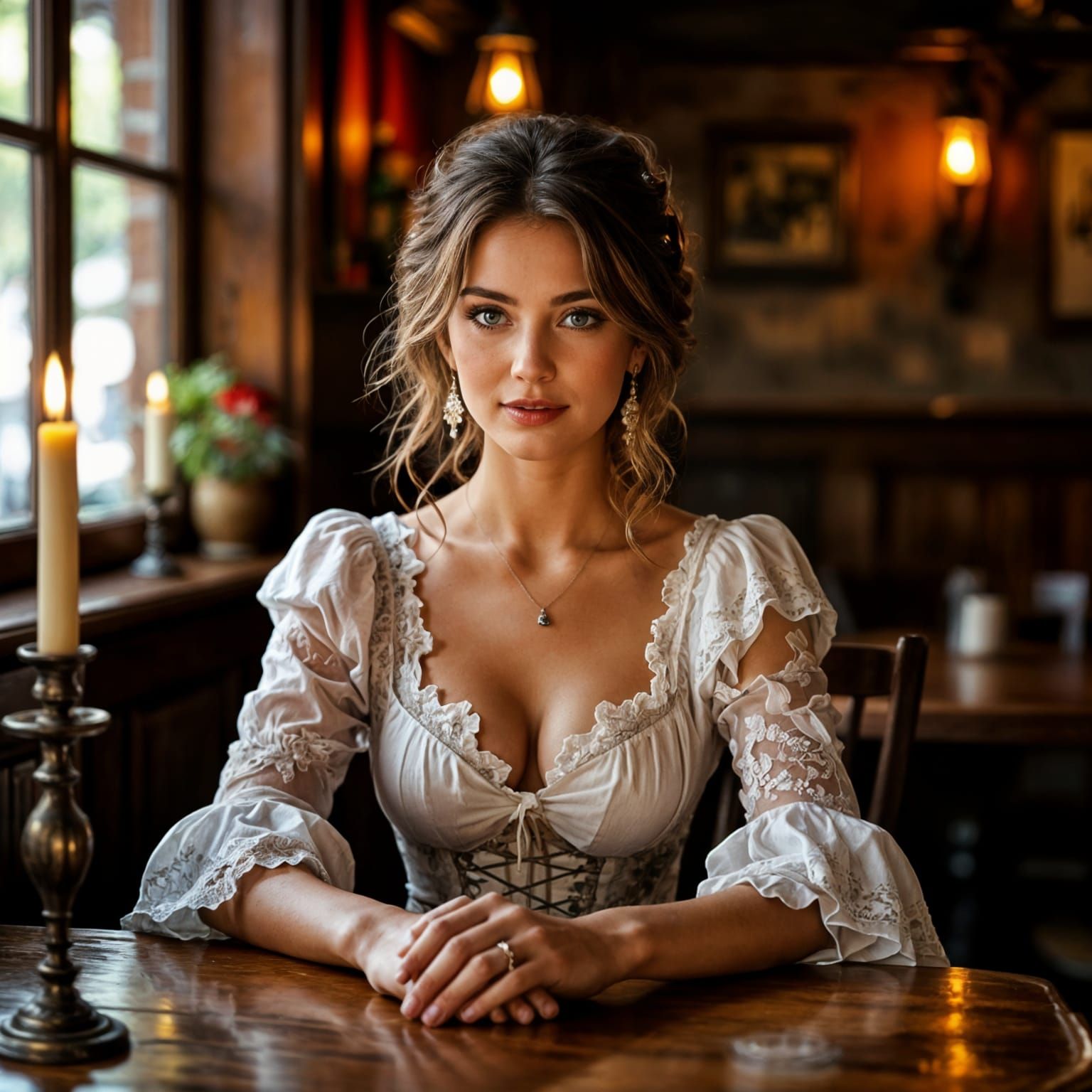 Beautiful Woman in a Cozy Tavern