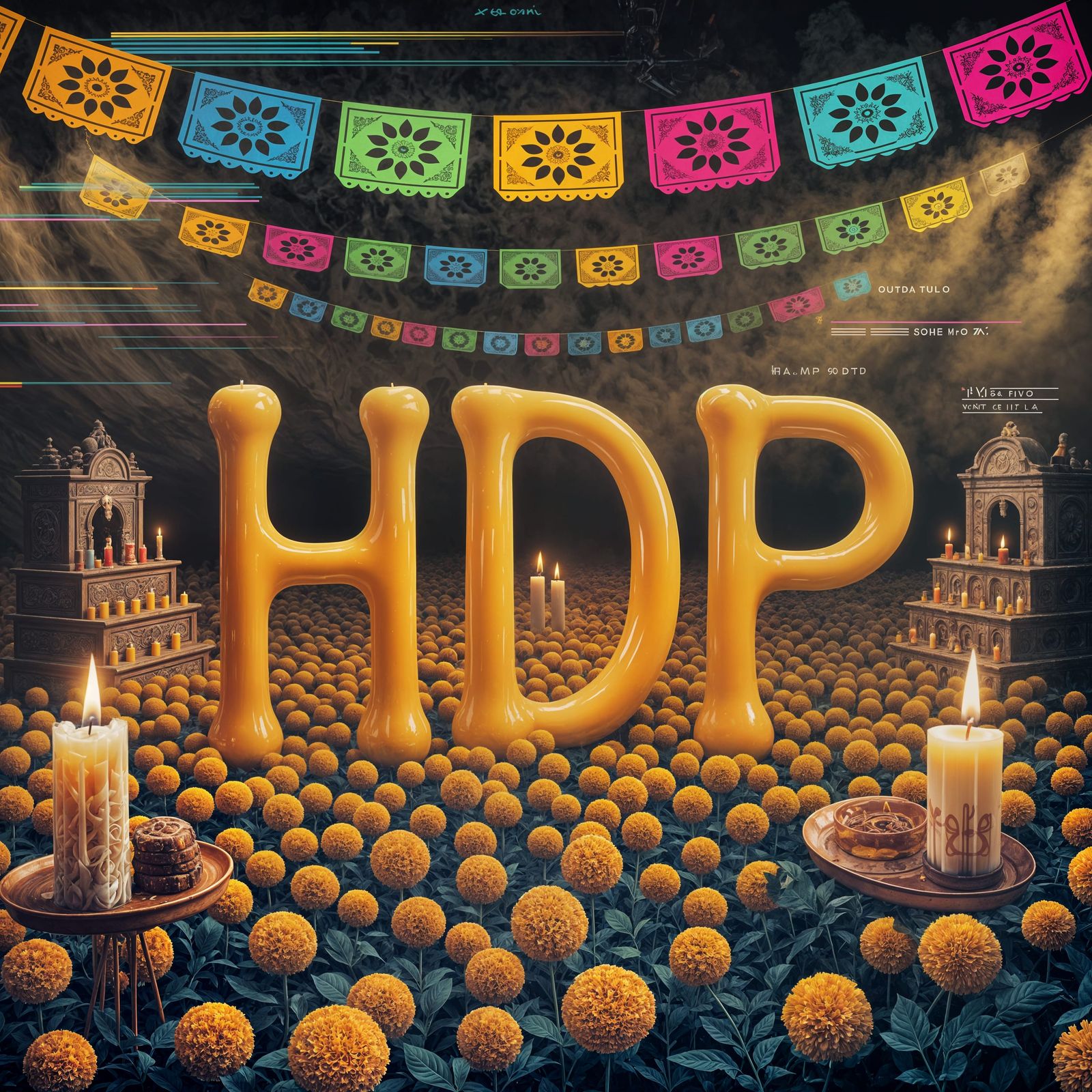 Surreal HDP Logo in Vibrant Day of the Dead Landscape