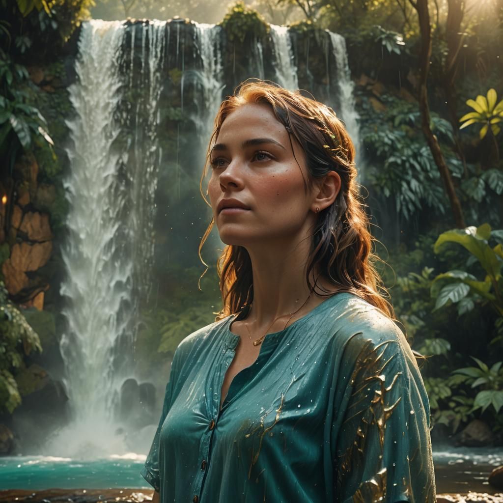 Serene Woman by Waterfall in Hyperrealistic Splash Art