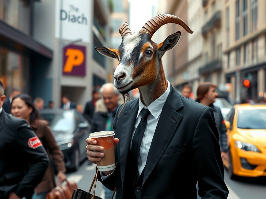 Goat in Black Suit, Blending into Modern City Life