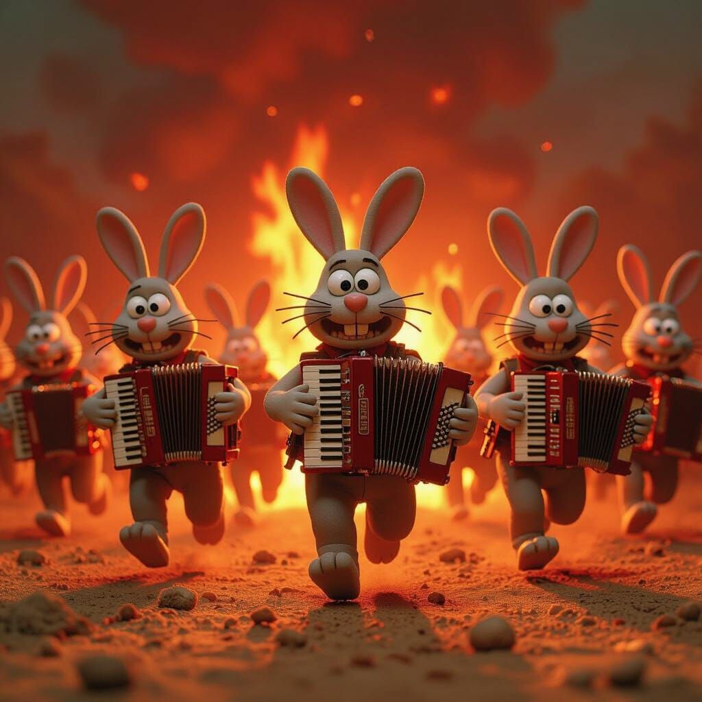 Frenzied Rabbit Army with Accordions in Claymation Style