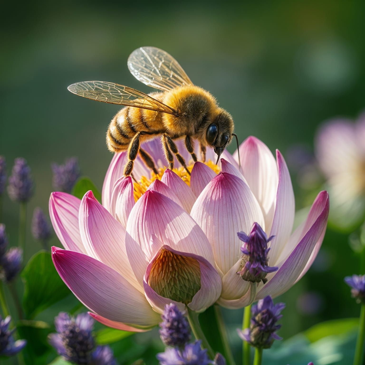 A Colossal Honeybee Lands on a Lavender Lotus in Vibrant Hyp...