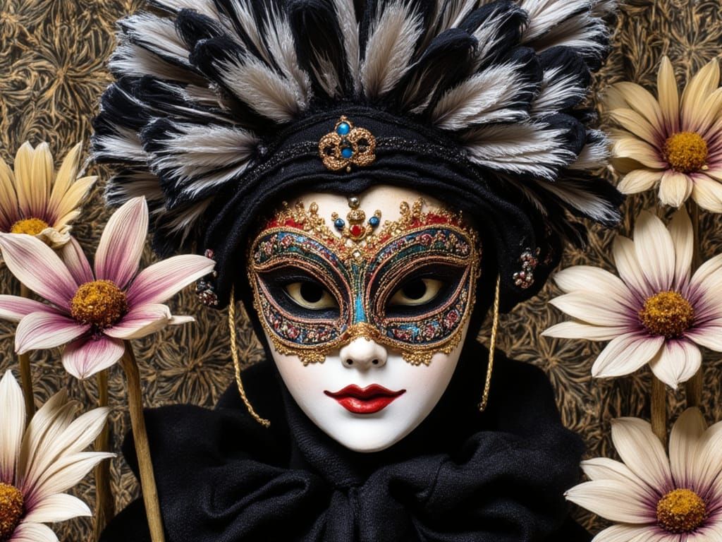 Bohemian Carnival Mask with Flowers and Feathers