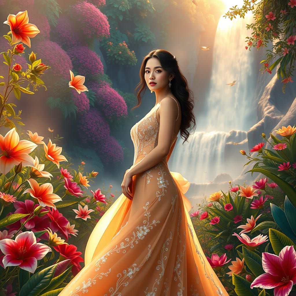 Serenely Beautiful Woman in a Whimsical Floral Garden