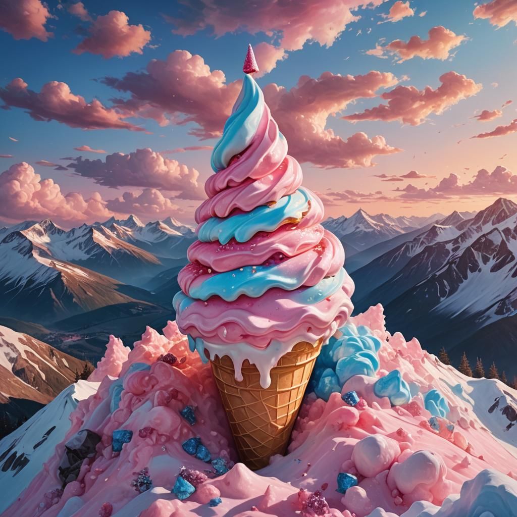 Giant Ice Cream Cone in Surreal Mountain Landscape